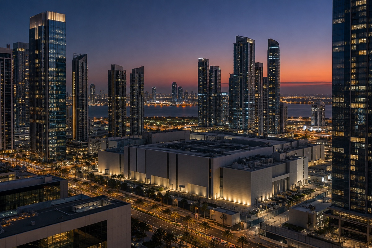 Low data-centre building beneath a UAE business-district skyline at dusk.