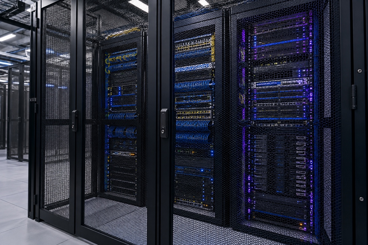 Three server racks behind closed black mesh cage doors in a data centre.