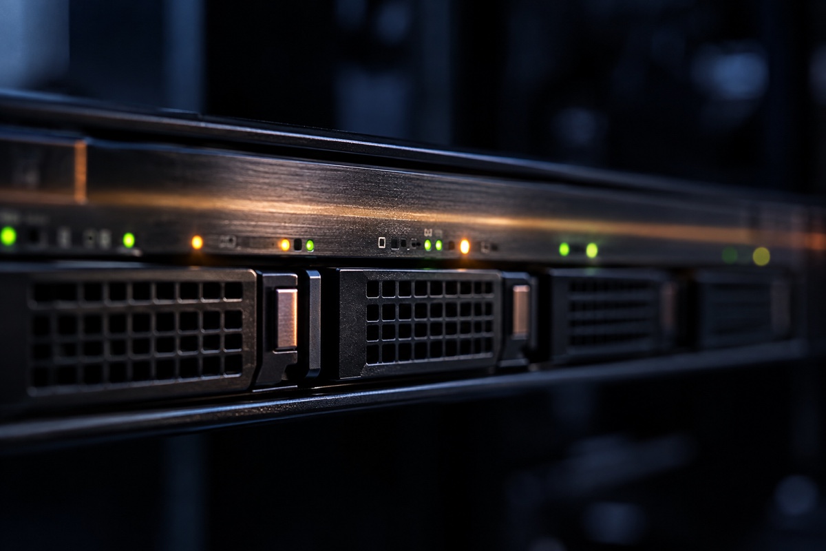 Close-up of server drive bays and activity lights with a warm band of practical light.