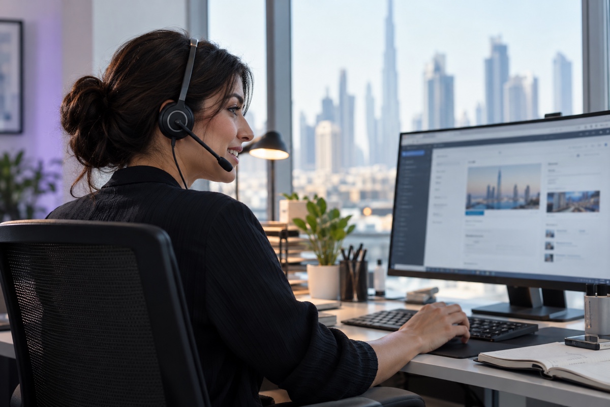 Support specialist wearing a headset at her desk in a bright Dubai office.