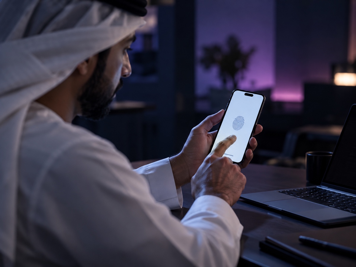 Emirati man using a phone with a generic fingerprint sign-in screen.