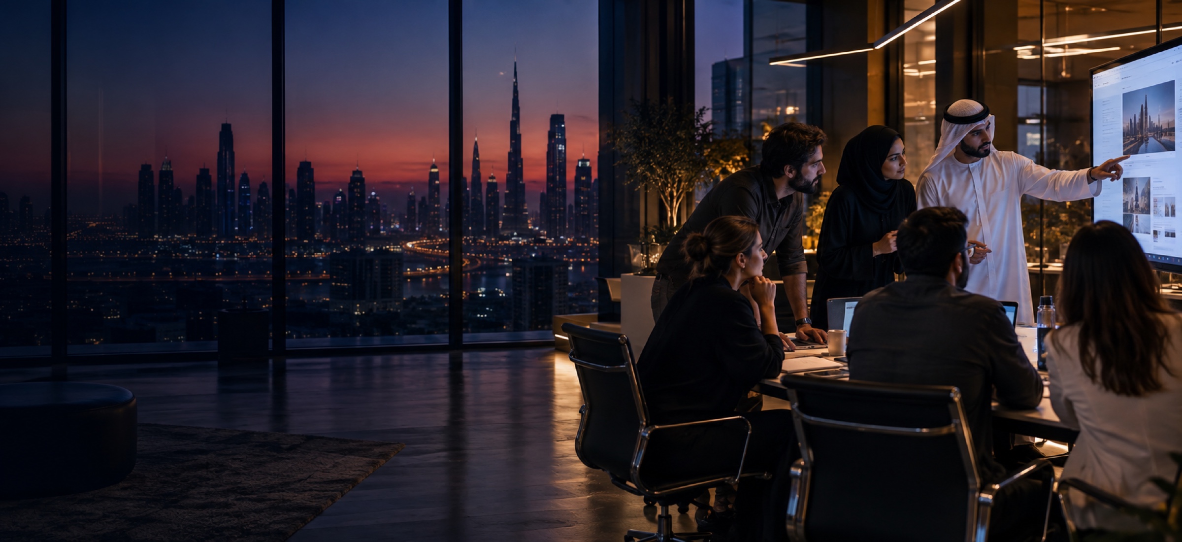 Six agency colleagues reviewing a website on a screen beside Dubai skyline windows at dusk.